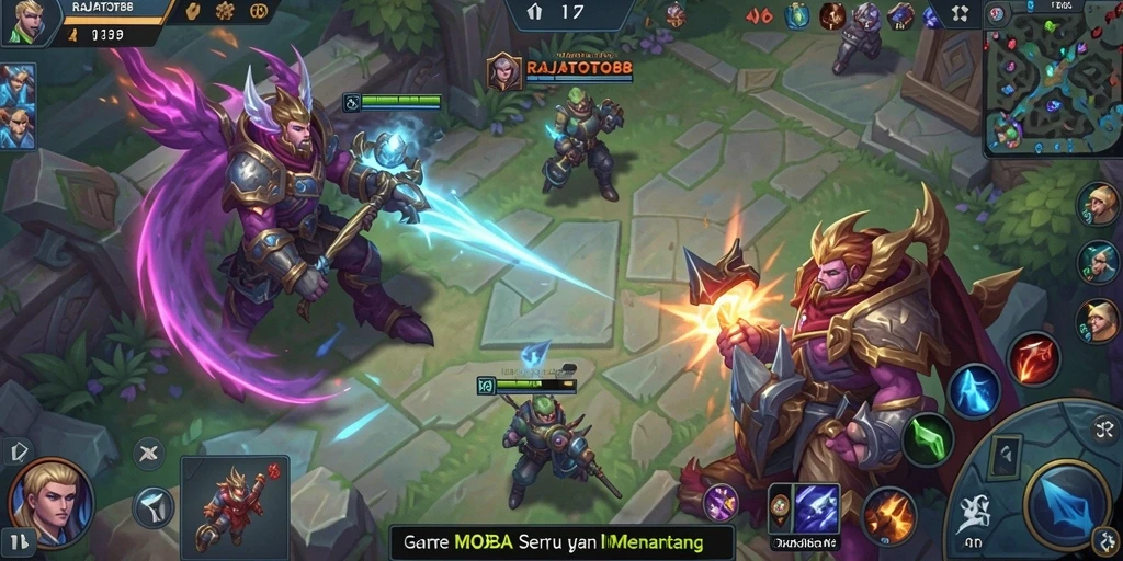 Tampilan seru dari gameplay RAJATOTO88 di arena perang MOBA.