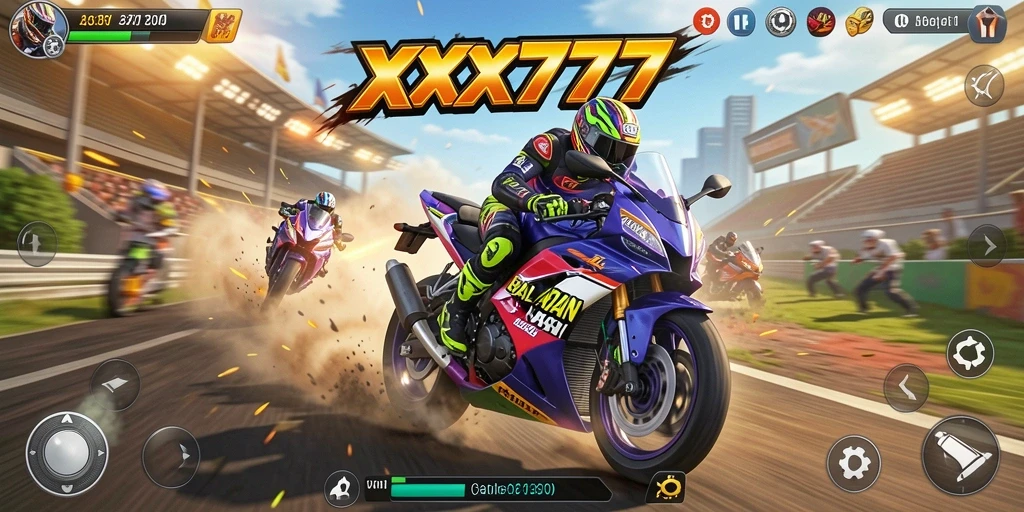 Screenshot menunjukkan aksi seru balapan motor di XXX777.