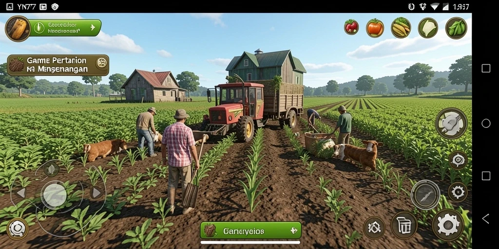 Screenshot YN777 menunjukkan kebun yang rimbun dan hidup.